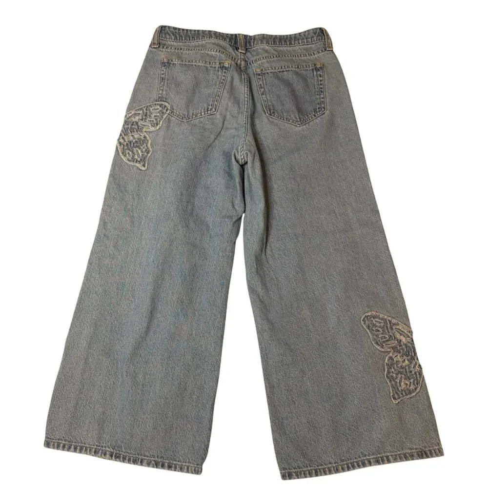 Gap Kids Butterfly Patch Wide Leg Jeans Y2K Denim Boho Aesthetic Sz Kids 12 Plus